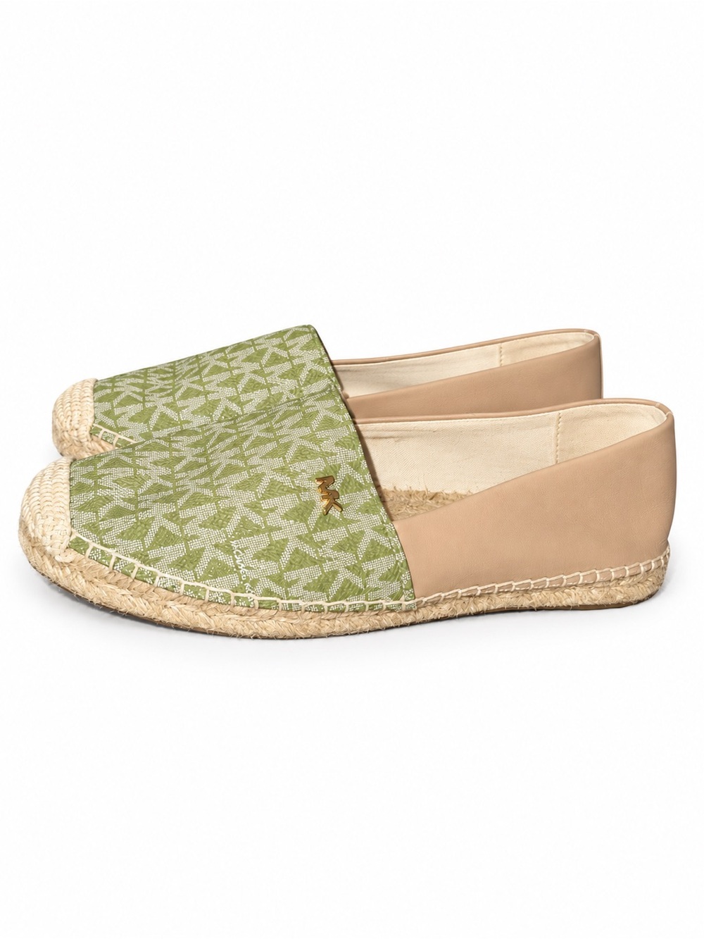 MICHAEL KORS Green Logo Leather and Tan Espadrille Flats
